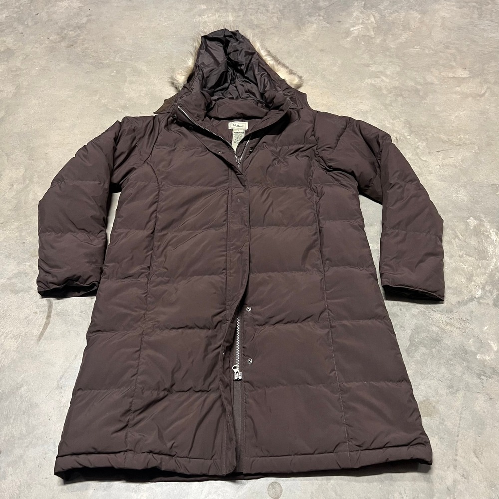 LL Bean Ultrawarm Long Down Coat Brown Faux Fur Hood Parka Jacket 0BCU6 Womens L
